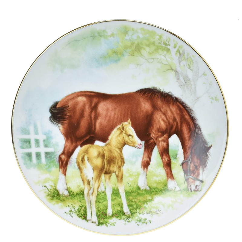 Závěsný talíř 24 cm Koně se zlatou linkou